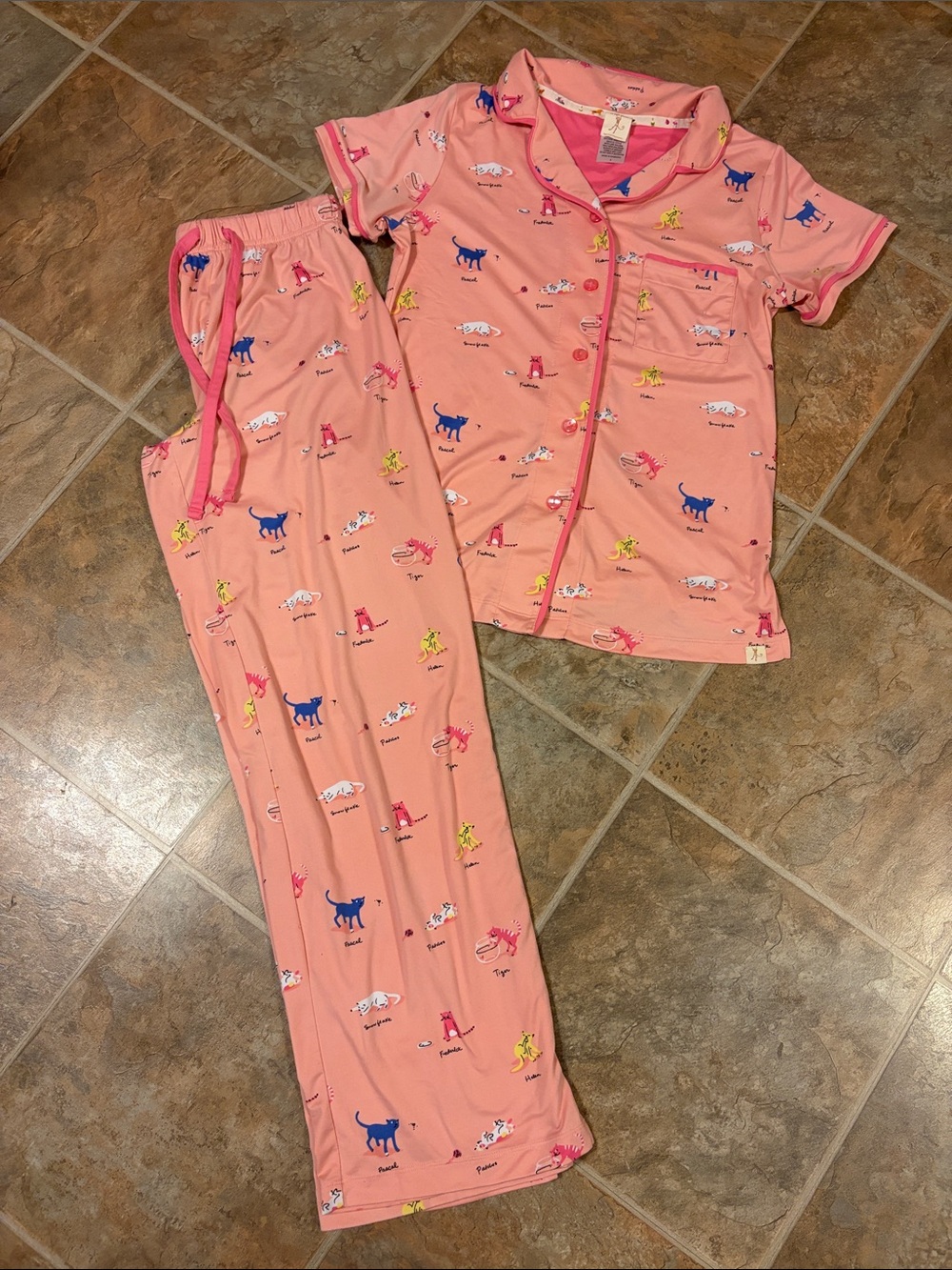 munki munki Pink Short-Sleeve Pajama Set with Colorful cat Print